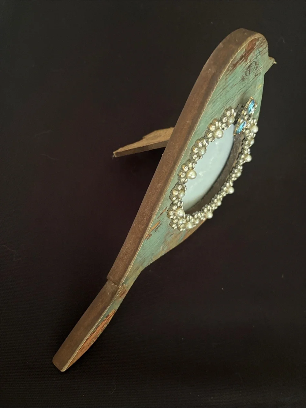 Pier 1 Imports Distressed Green Wooden Bird Frame with Pearl & Rhinestone Accent